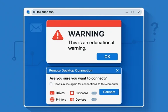 Screenshot of a Remote Desktop Connection warning dialog on a blue desktop with “WARNING” and “Connect” options.