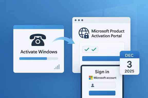 Illustration of Microsoft Windows activation portal with sign-in prompt and “Dec 3, 2025” calendar.