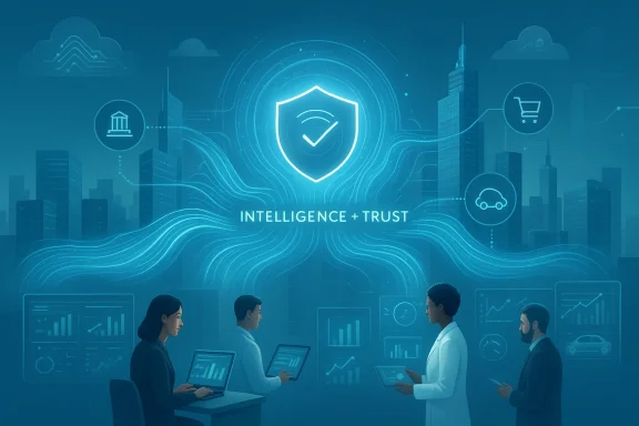 Blue digital city scene with a glowing shield icon and “Intelligence + Trust” over coworkers’ office screens.