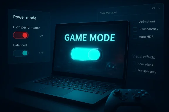 Laptop display shows “Game Mode” with power and visual effects toggles, highlighted by a glowing switch.