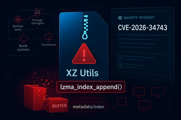 Cybersecurity interface shows warning for CVE-2026-34743 with “xz_utils” and “lzma_index_append()” code.