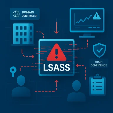 Cybersecurity graphic showing LSASS marked with a red warning triangle in a domain controller environment.