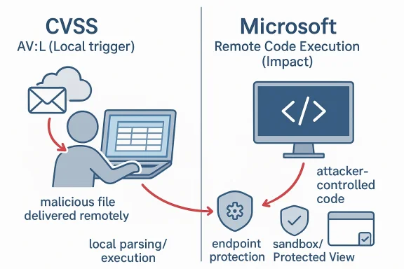 Diagram contrasting CVSS local file trigger parsing with Microsoft remote code execution impact and endpoint protection.