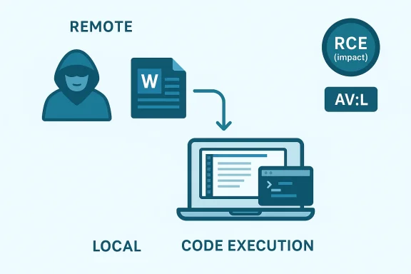 Illustration showing remote file transfer to local code execution with RCE impact and AV:AL labels. Illustration showing remote file transfer to local code execution with RCE impact and AV:AL labels.