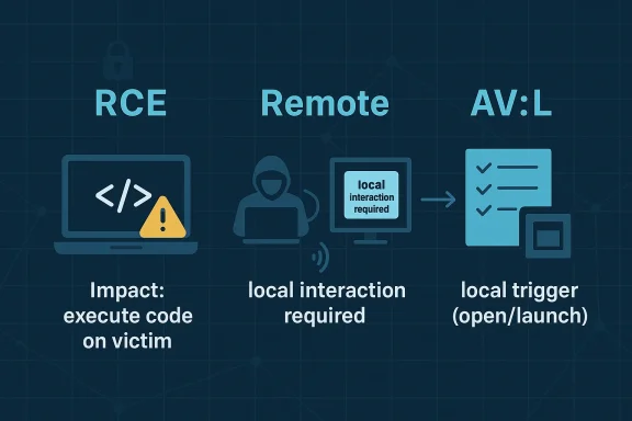 Illustration showing RCE vs Remote with “local interaction required” and AV: L local trigger (open/launch).