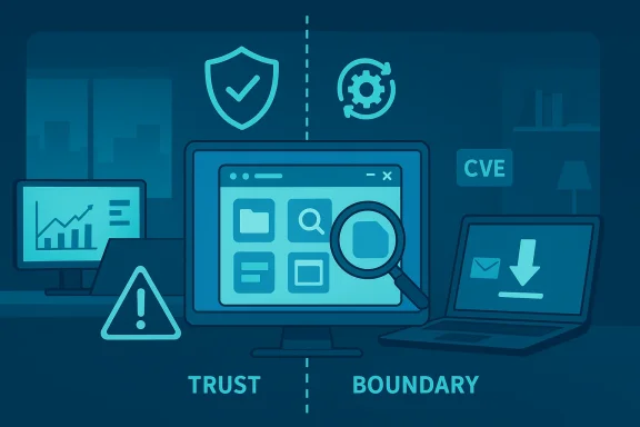 Cybersecurity illustration showing a shield, CVE label, and trust/boundary concepts around a search interface.