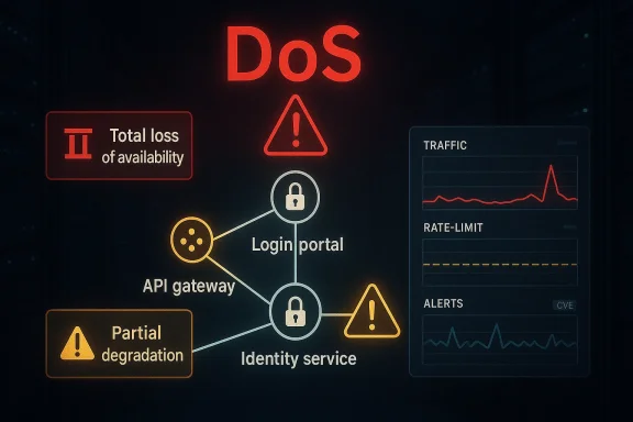 Network system diagram showing DoS, login portal, identity service, and API traffic rate-limit alerts.