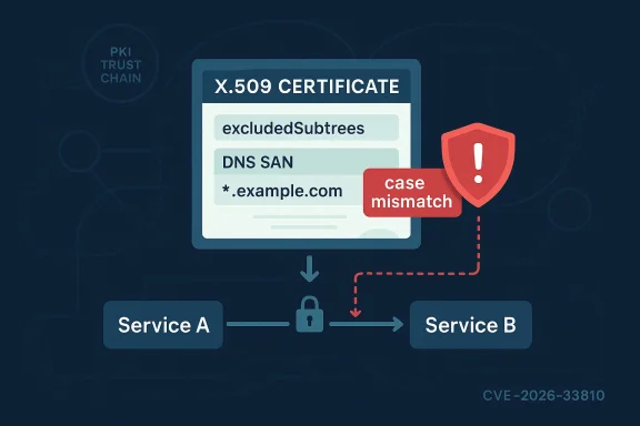 Diagram showing an X.509 certificate with DNS SAN case mismatch causing a security warning between Service A and B.