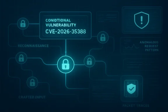 Network diagram highlighting a “Conditional Vulnerability” for CVE-2026-35388 with linked secure nodes and alerts.