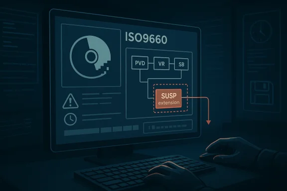 Futuristic computer interface diagram showing “ISO9660” and “SUSP extension” memory mapping.