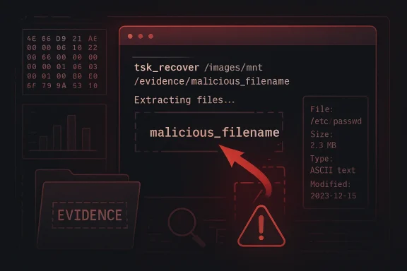 Terminal screen showing malware evidence extraction with “malicious_filename” and an alert icon.