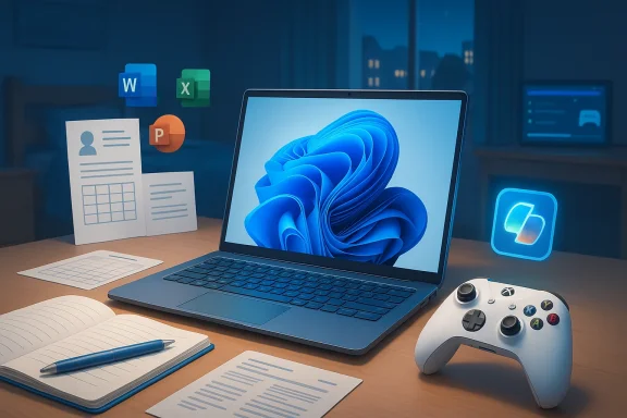 A blue laptop with Windows 11 setup beside Microsoft Office icons, documents, and a gaming controller.