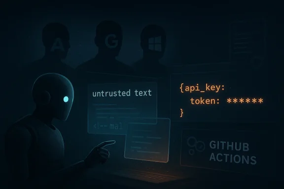 Hacker using a laptop with “untrusted text” and an exposed API key token on a screen.