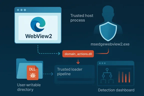 Illustration showing a trusted host process and DLL domain actions pipeline for WebView2 loading.