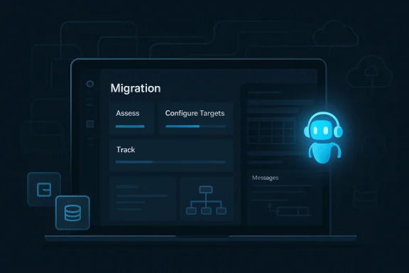 Dark blue dashboard UI titled “Migration” with progress bars and a glowing robot assistant icon.