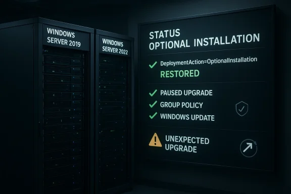 Server room displays Windows deployment status: optional install restored, paused upgrade, unexpected upgrade warning.