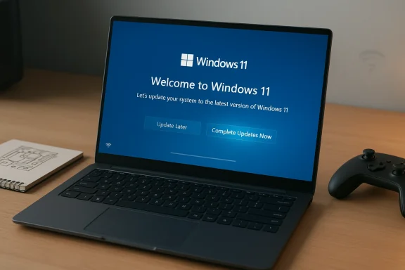 Laptop on a desk shows Windows 11 welcome screen with “Update Later” and “Complete Updates Now.”