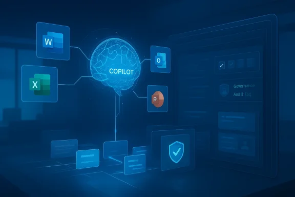 Glowing “Copilot” AI hub connects Word, Excel, PowerPoint icons to a secure dashboard in blue.