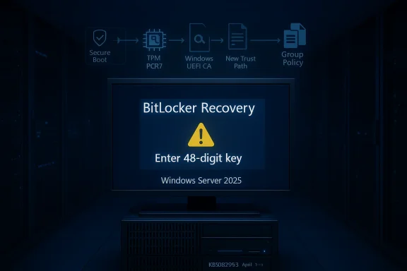 BitLocker Recovery screen on a server showing “Enter 48-digit key” for Windows Server 2025.