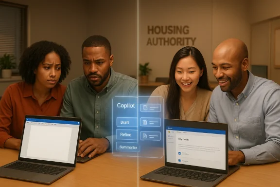 Four colleagues smile and collaborate over laptops in front of a “Housing Authority” backdrop with Copilot overlay.