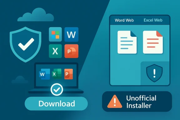Illustration showing Microsoft Office web apps download with a security shield and an “Unofficial Installer” warning.