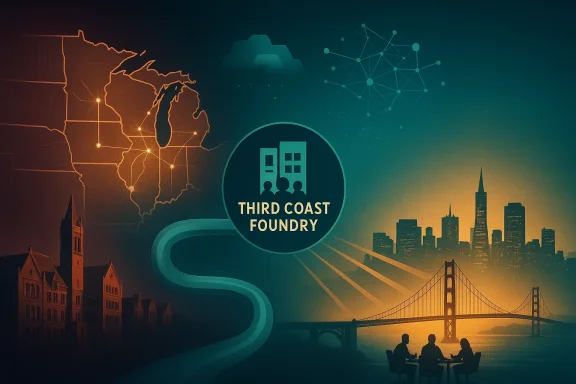 Tech-themed skyline backdrop for “Third Coast Foundry,” with US map lines and network nodes.