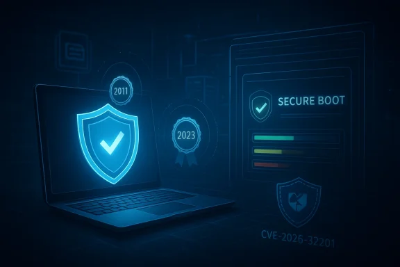 Holographic cybersecurity graphic shows a laptop with secure boot and shield icons labeled 2011 and 2023.