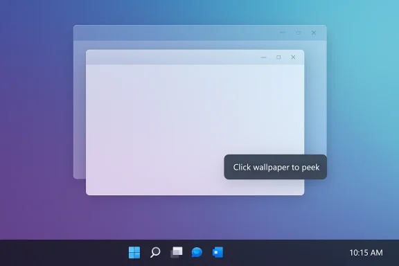 Layered browser windows over a blue-purple desktop background with the caption “Click wallpaper to peek”.