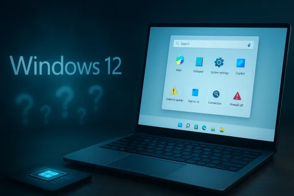 Laptop displaying the Windows 12 start screen with an error tile on a dark desk.