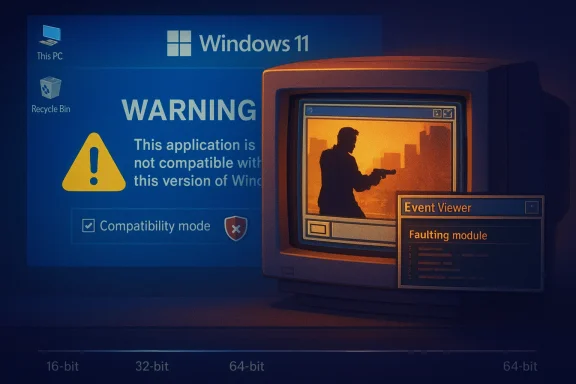 Windows 11 warning shows an incompatible application with an alert and Event Viewer faulting module message.