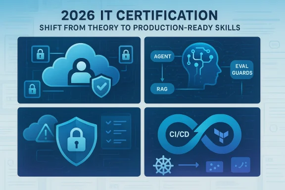 2026 IT certification graphic with cloud security, AI components, and CI/CD protection themes.