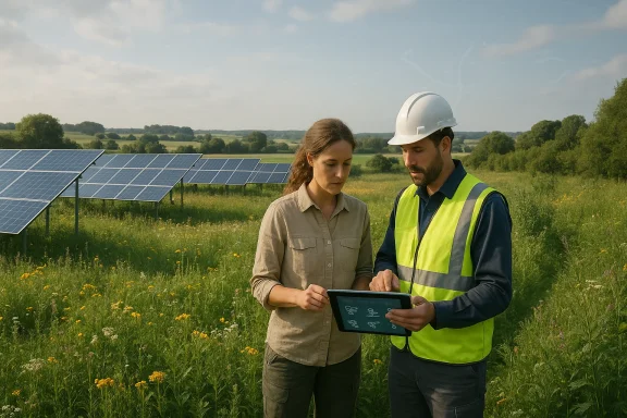 Two engineers in safety gear inspect a tablet at a solar panel farm in a grassy countryside field.