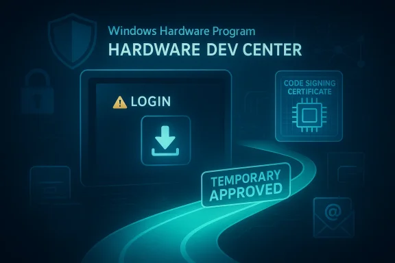 Blue cybersecurity login screen showing “Hardware Dev Center” with “Temporary Approved” and code signing certificate.