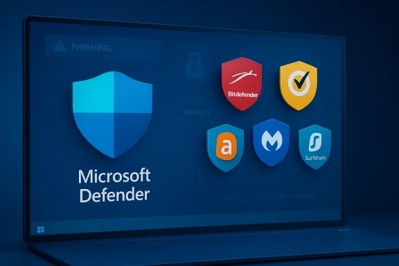 Laptop screen graphic shows Microsoft Defender and antivirus shields with “PHISHING” warning.