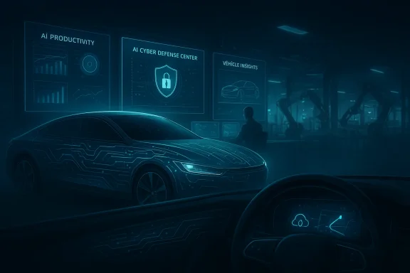 Futuristic blue-lit autonomous car with cybersecurity and AI dashboards in a high-tech control room.