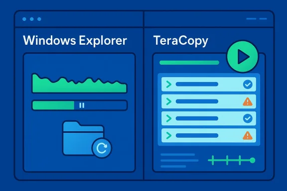 Illustrated interface comparing Windows Explorer and TeraCopy with progress bars and play/alert icons on a blue UI.