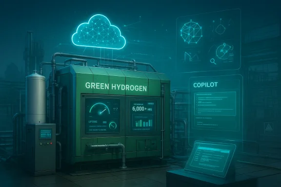 Green hydrogen plant control system with glowing cloud and network diagrams over industrial equipment.