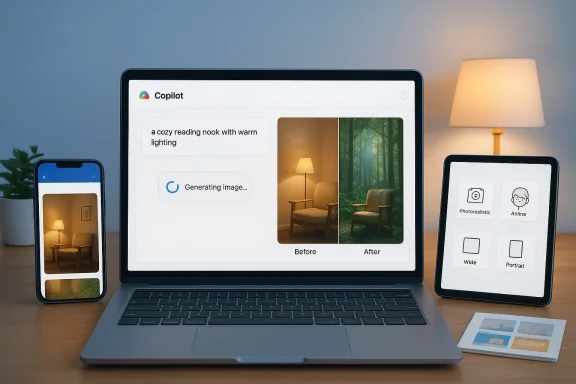 Laptop screen shows Copilot generating cozy room images, with phones on both sides displaying editing options.