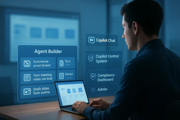 Man using a laptop with a futuristic AI dashboard showing Copilot Chat and Agent Builder.