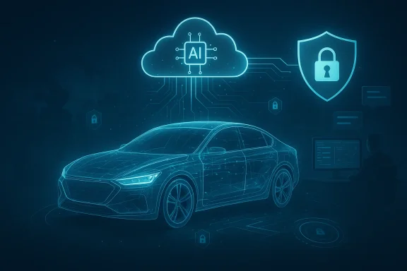 Neon blue AI cloud and lock security icons protect a futuristic self-driving car on a digital circuit background.