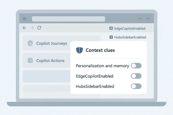 A laptop UI showing Copilot Context clues settings with toggles for personalization, EdgeCopilotEnabled, and HubsSidebarEnabled.