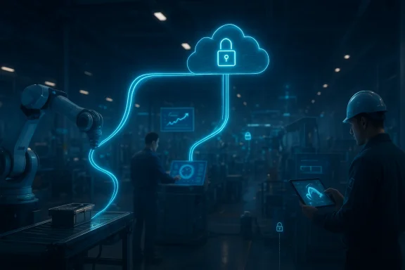 Engineers in a warehouse oversee connected cloud security, shown by glowing lock icons and data streams.