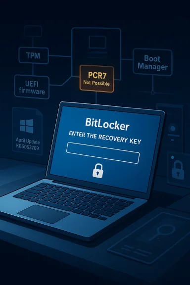 Laptop shows BitLocker recovery key prompt amid TPM, UEFI firmware, and boot manager error alerts.
