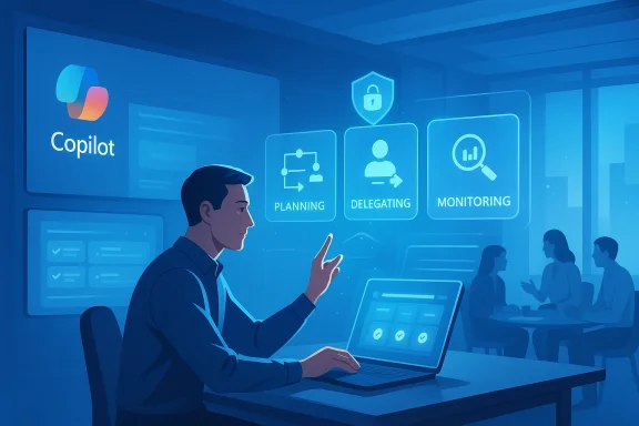 A worker at a laptop uses a blue AI Copilot interface for planning, delegating, and monitoring.