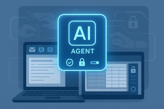 Neon “AI AGENT” icon on a blue laptop and dashboard, suggesting intelligent automation and security.