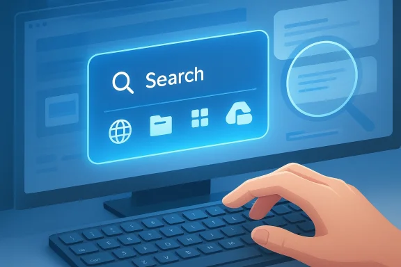 A hand types on a keyboard while a blue search interface glows on the computer screen.