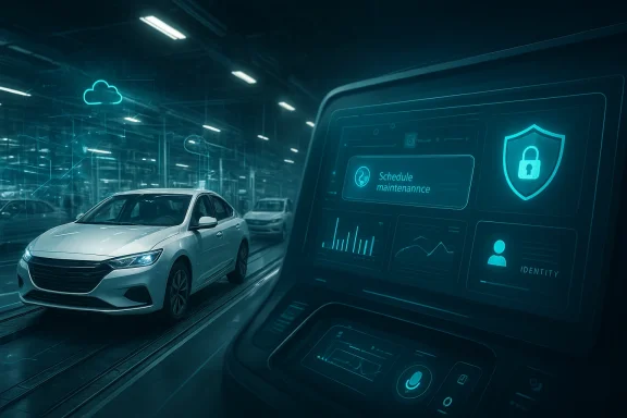 Futuristic car assembly line with digital security HUD showing a shield and scheduled maintenance.