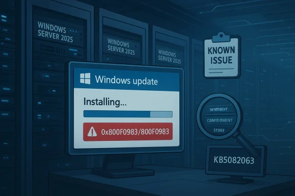 Server room display shows “Windows update” installing with an error code 0x800F0983 and known issue.