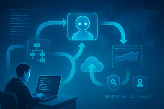 Illustration of cloud-based AI assistant connecting monitoring, governance, analytics, and security to a user.