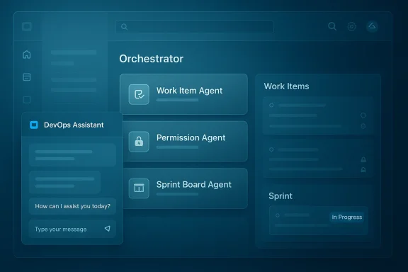 Blue UI dashboard showing an Orchestrator with agent cards like DevOps, Work Item, Permission, and Sprint Board.